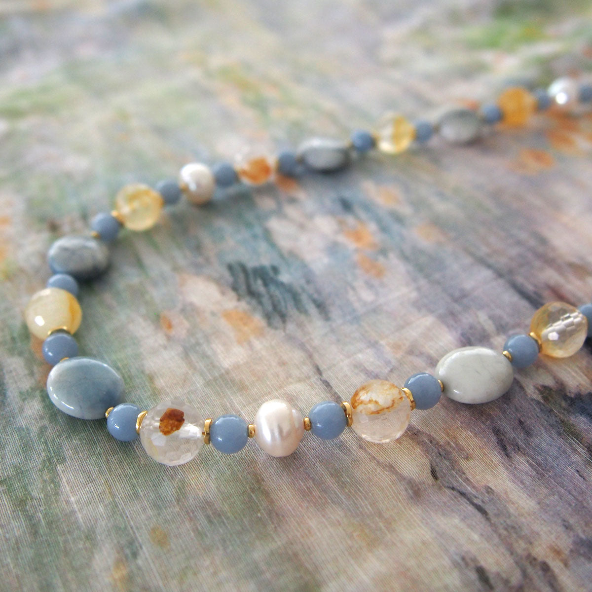 Magnesite, Pearls, Inclusion Quartz, Blue Anhydrite Necklace-Sky