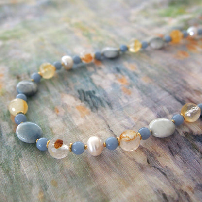 Magnesite, Pearls, Inclusion Quartz, Blue Anhydrite Necklace-Sky