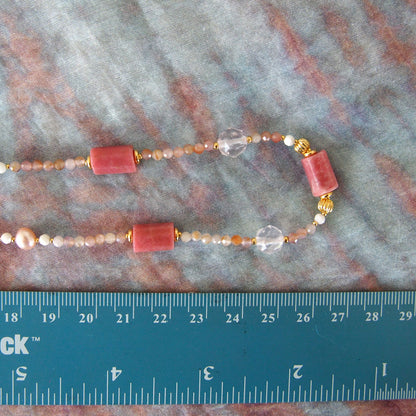 Rhodonite, Rock Crystal, Pearls, Sakura agate Necklace- Love