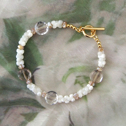 Smoky Quartz, Rock Crystal, Shell beads Bracelet- Snowberry