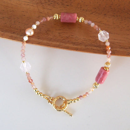 Rhodonite, Rock Crystal, Pearls, Sakura agate Bracelet- Love