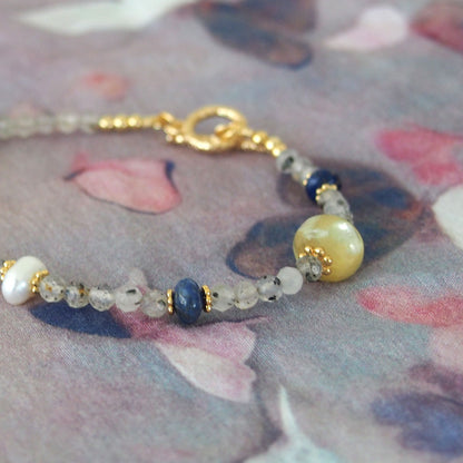 Lepidolite, Pearls, Lapis Lazuli, Quartz Rutilated Bracelet- Power