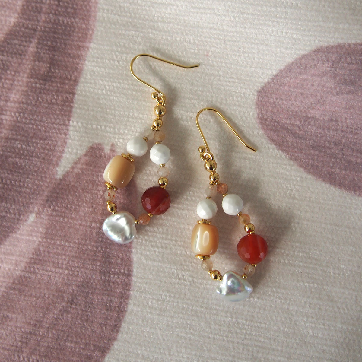 Pearls, Shell beads, Agate, Sunstone Earrings- Red sun