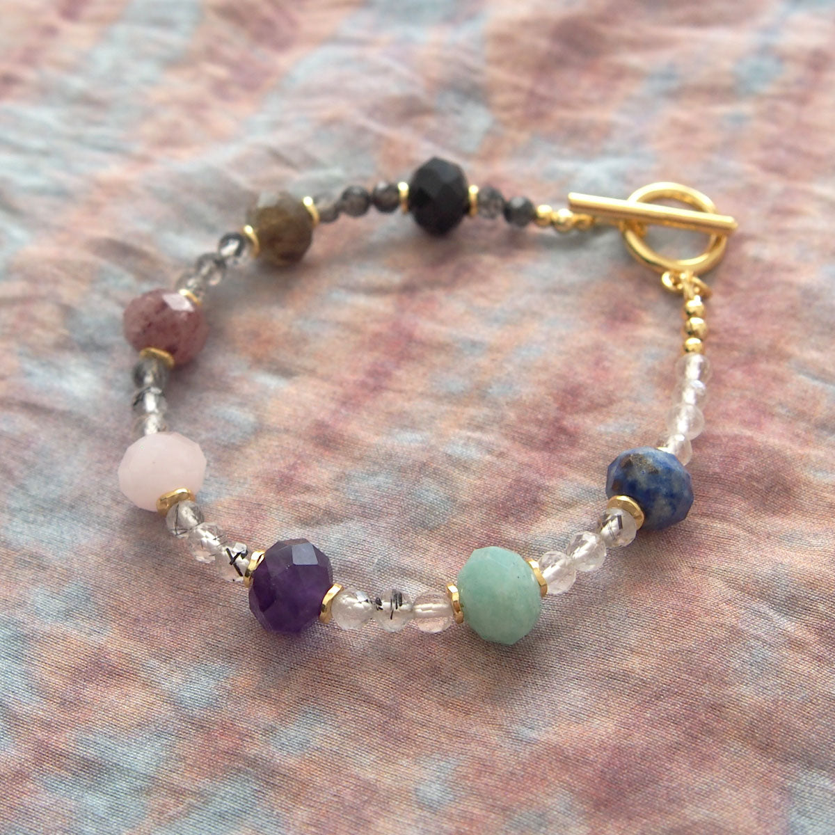 Agate, Amazonite, Amethyst, Lapis Lazuli, Quartz Rutilated, Rose Quartz, Strawberry Quartz Bracelet- Abundance