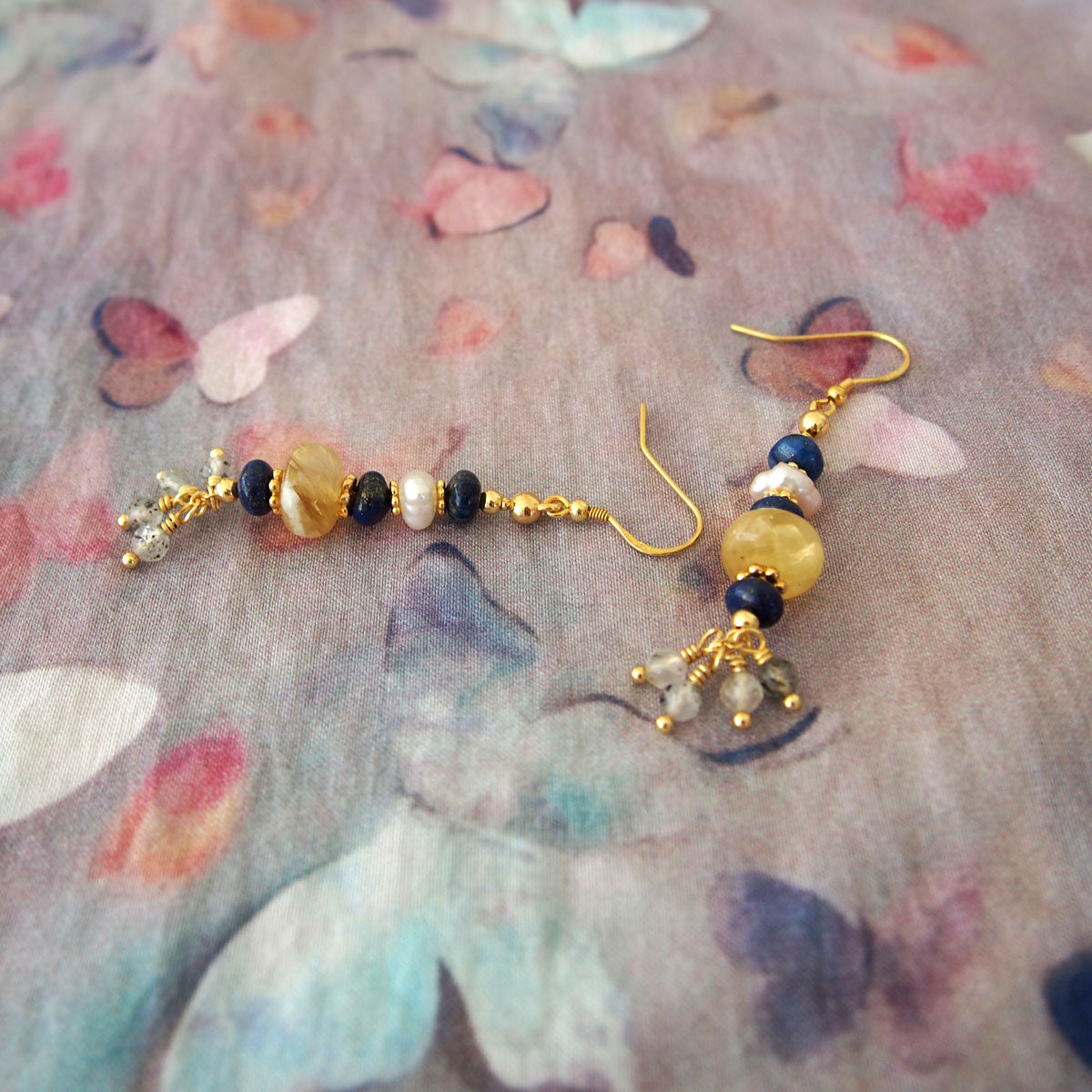 Lepidolite, Pearls, Lapis Lazuli, Quartz Rutilated Earrings- Power