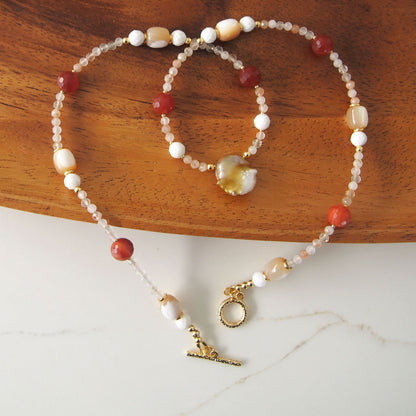 Pearls, Shell beads, Agate, Sunstone Necklace- Red sun