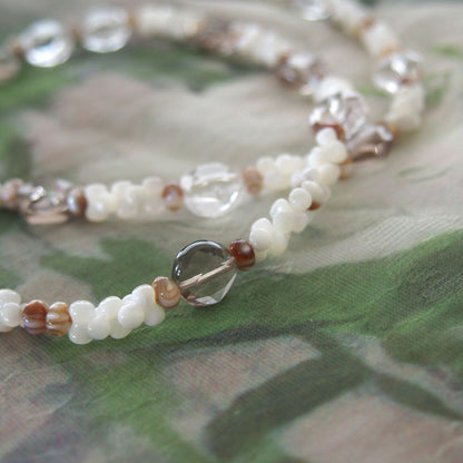 Smoky Quartz, Rock Crystal, Shell beads Necklace- Snowberry