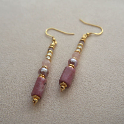 Rhodonite, Pearls, Morganite, Common Opal Earrings–Rosa multiflora