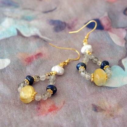 Lepidolite, Pearls, Lapis Lazuli, Quartz Rutilated Earrings- Power
