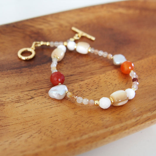 Pearls, Shell beads, Agate, Sunstone Bracelet- Red sun