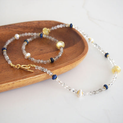 Lepidolite, Pearls, Lapis Lazuli, Quartz Rutilated Necklace- Power