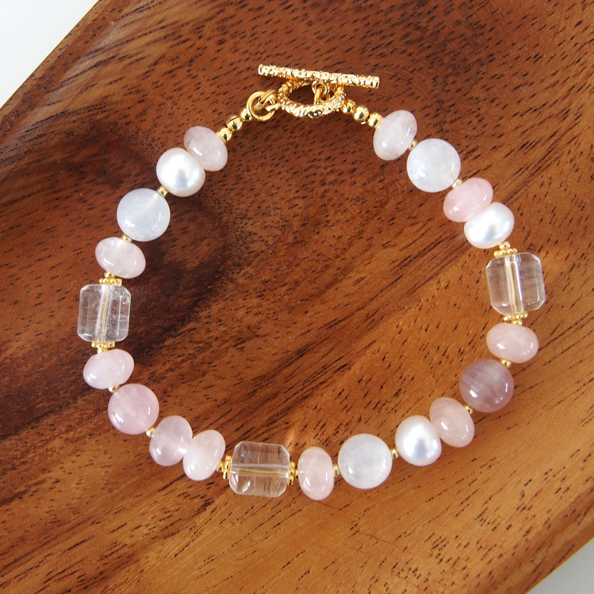 Rock Crystal, Moonstone, Rose Quartz, Pearls Bracelet- Romance