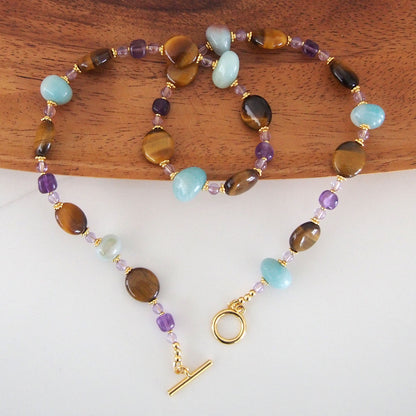 Tiger’s eye, Amazonite, Amethyst Necklace- Courage