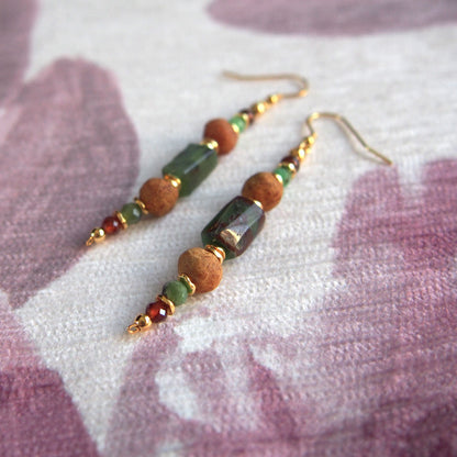 Common Opal(green), Amber(Raw crust), Chrysoprase, Garnet(orange) Earrings–Buds