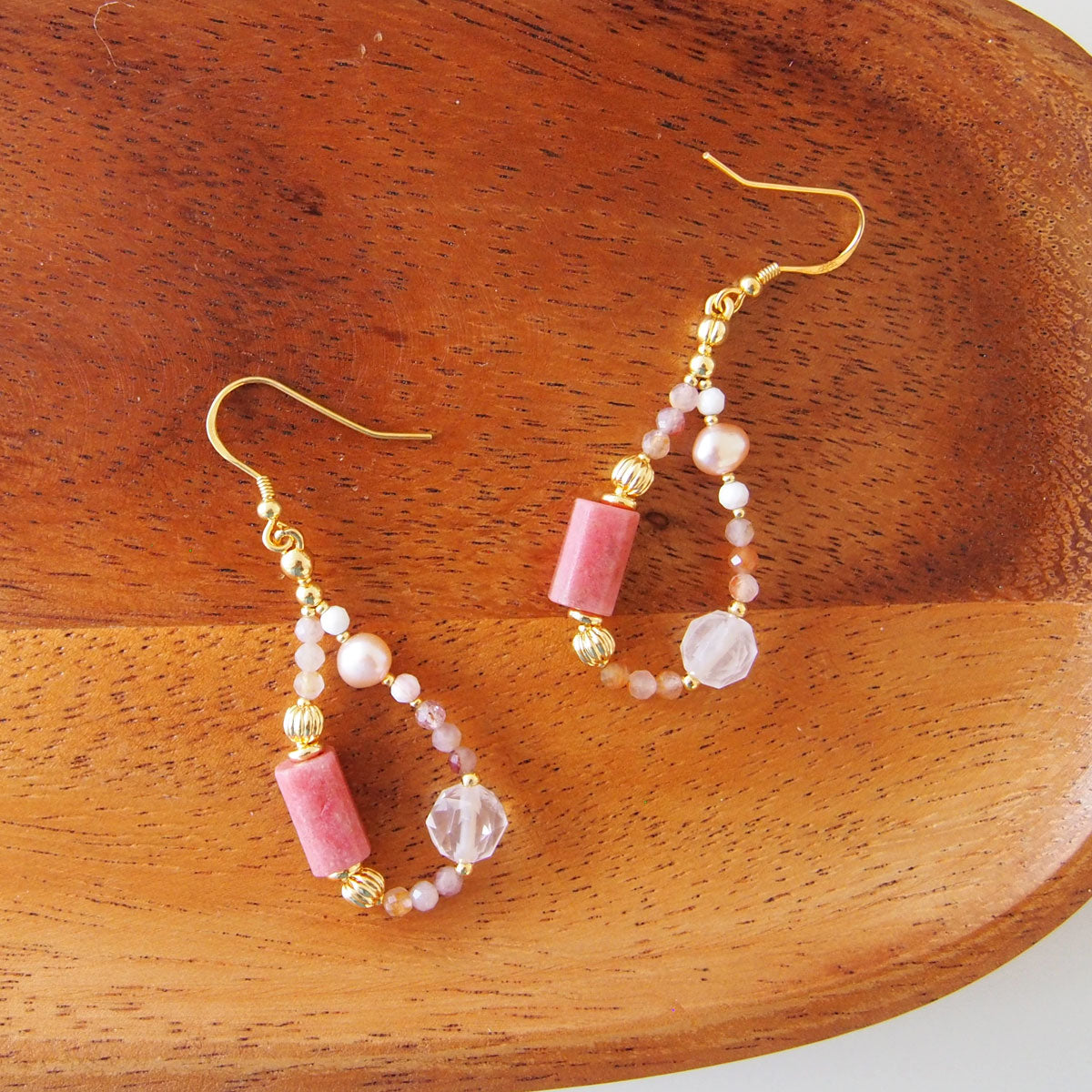Rhodonite, Rock Crystal, Pearls, Sakura agate Earrings- Love