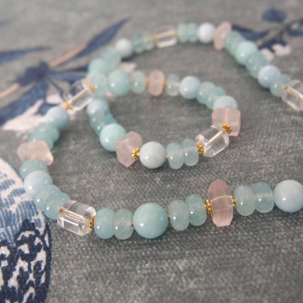Rose Quartz, Rock Crystal, Amazonite, Beryl, Chalcedony Necklace- Romance