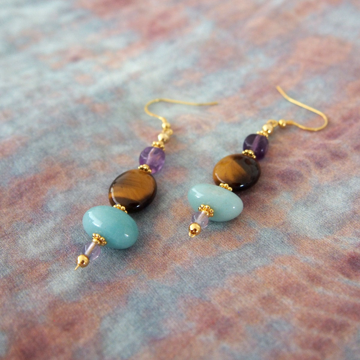 Tiger’s eye, Amazonite, Amethyst Earrings- Courage