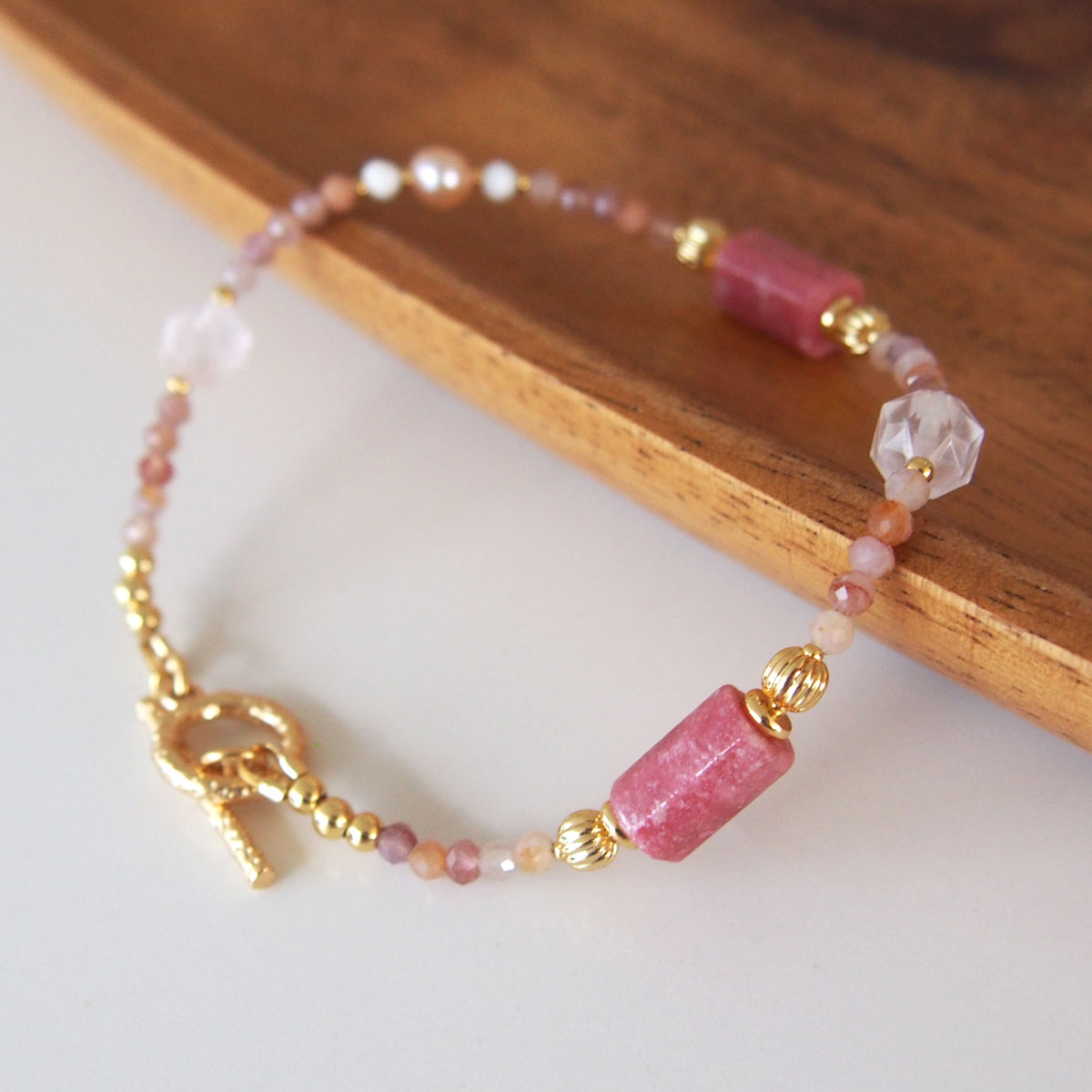 Rhodonite, Rock Crystal, Pearls, Sakura agate Bracelet- Love