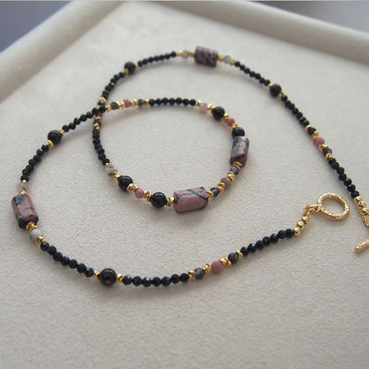 Rhodonite, Tourmaline(black), Opal(common), Rhodochrosite, Lolite Necklace–Dangerous tenderness
