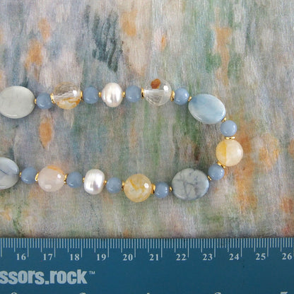 Magnesite, Pearls, Inclusion Quartz, Blue Anhydrite Necklace-Sky