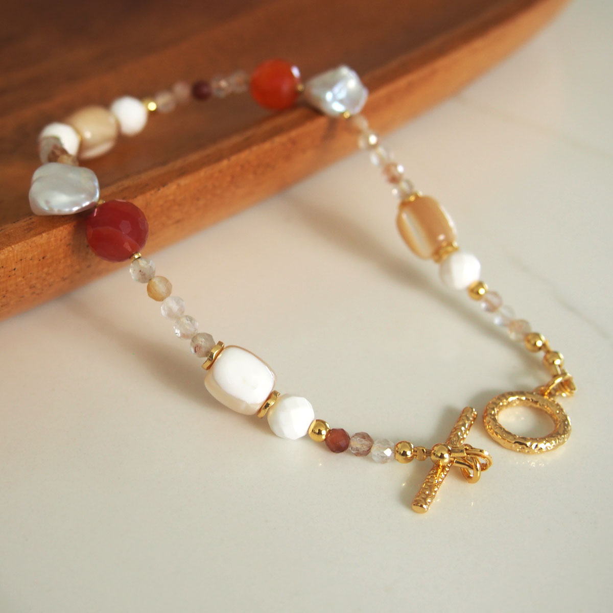 Pearls, Shell beads, Agate, Sunstone Bracelet- Red sun