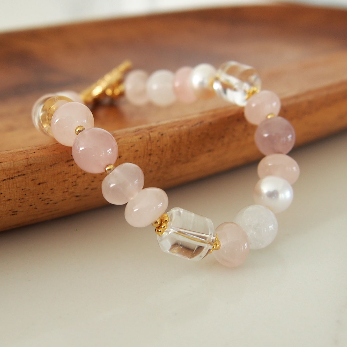 Rock Crystal, Moonstone, Rose Quartz, Pearls Bracelet- Romance
