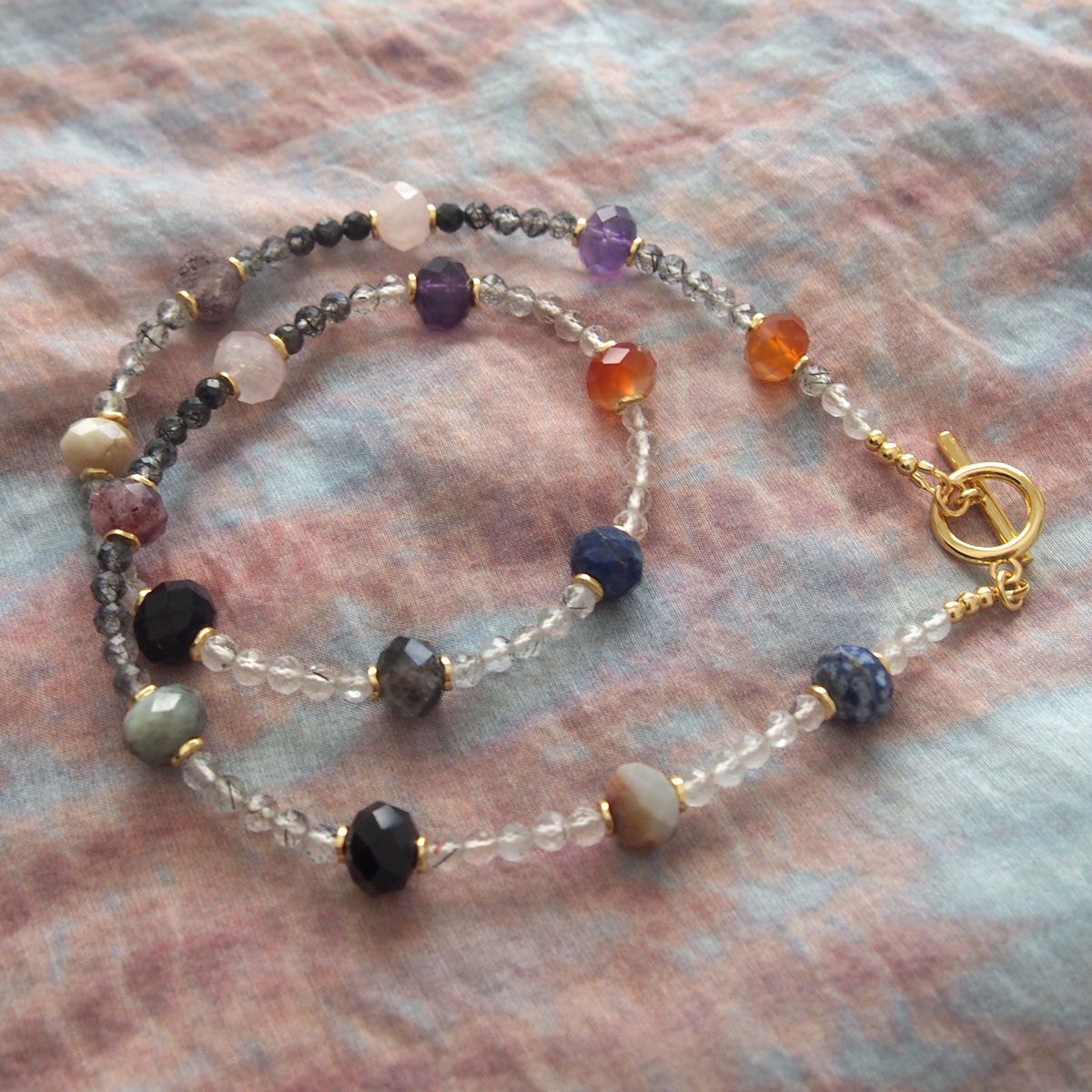 Agate, Amethyst, Lapis Lazuli, Quartz Rutilated, Rose Quartz, Strawberry Quartz Necklace- Abundance