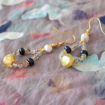 Lepidolite, Pearls, Lapis Lazuli, Quartz Rutilated Earrings- Power
