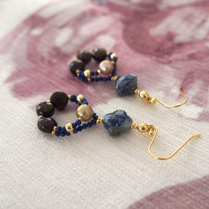 Lapis Lazuli, Bronzite, Pearls Earrings- Night Sky