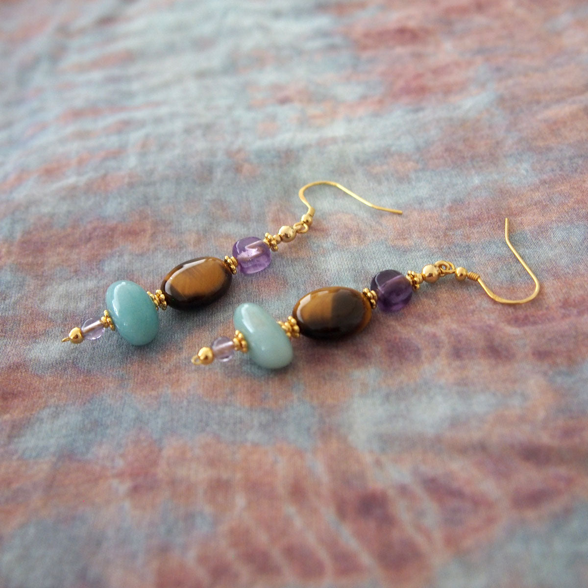 Tiger’s eye, Amazonite, Amethyst Earrings- Courage