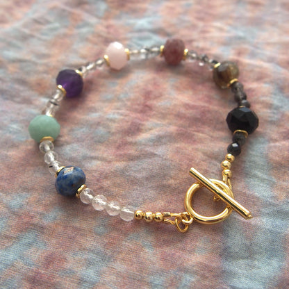 Agate, Amazonite, Amethyst, Lapis Lazuli, Quartz Rutilated, Rose Quartz, Strawberry Quartz Bracelet- Abundance
