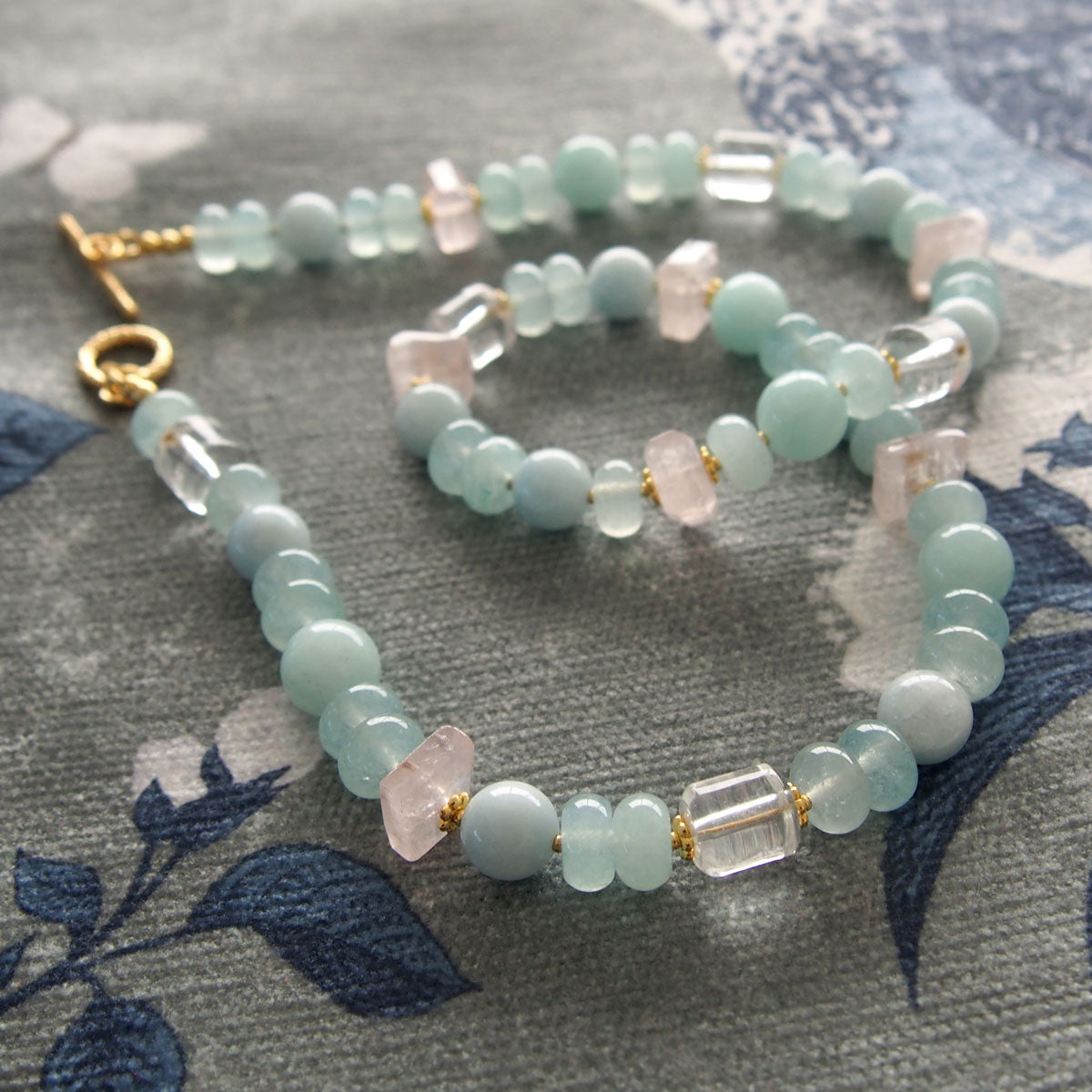 Rose Quartz, Rock Crystal, Amazonite, Beryl, Chalcedony Necklace- Romance