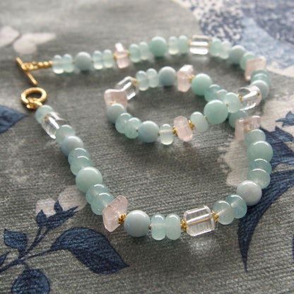 Rose Quartz, Rock Crystal, Amazonite, Beryl, Chalcedony Necklace- Romance
