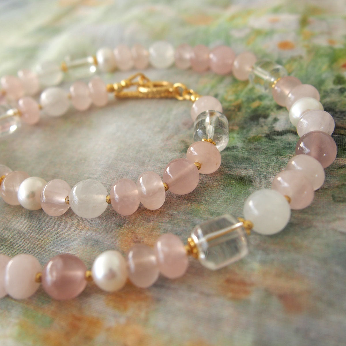 Rock Crystal, Moonstone, Rose Quartz, Pearls Necklace- Romance