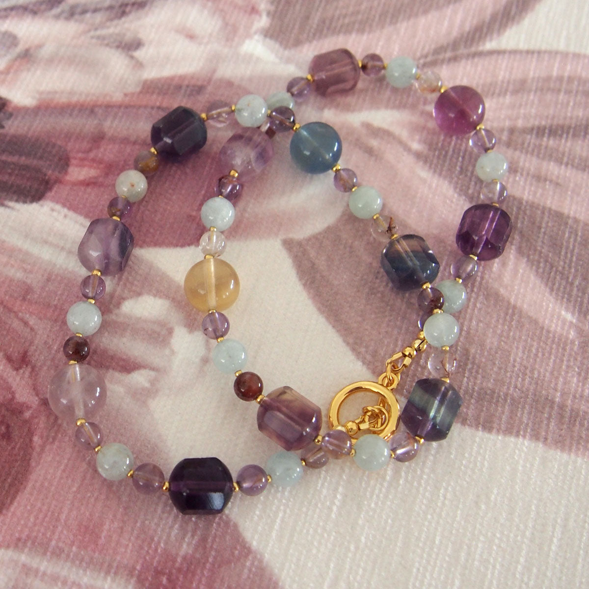 Fluorite, Beryl(light blue), Amethyst Necklace- Dreamlike