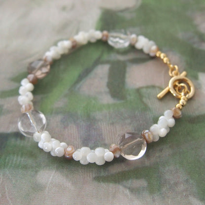 Smoky Quartz, Rock Crystal, Shell beads Bracelet- Snowberry