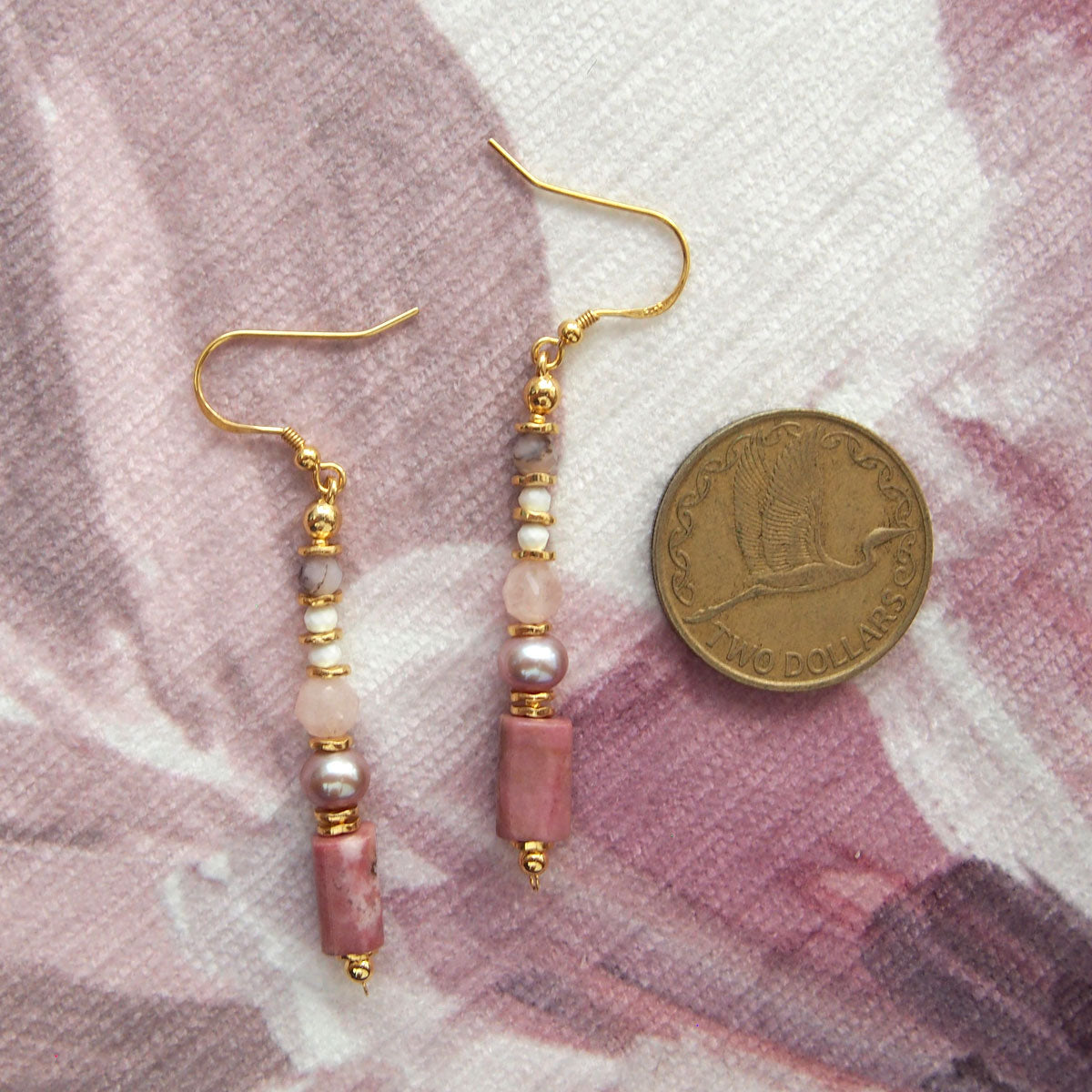 Rhodonite, Pearls, Morganite, Common Opal Earrings–Rosa multiflora