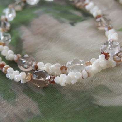 Smoky Quartz, Rock Crystal, Shell beads Necklace- Snowberry
