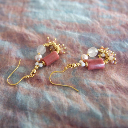 Rhodonite, Rock Crystal, Pearls Sakura agate Earrings- Love