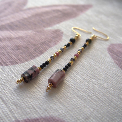 Rhodonite, Tourmaline(black), Rhodochrosite, Lolite Earrings–Dangerous tenderness