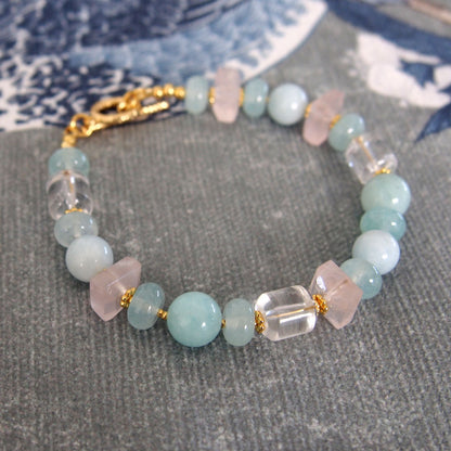 Rose Quartz, Rock Crystal, Amazonite, Beryl, Chalcedony Bracelete- Romance