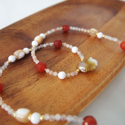 Pearls, Shell beads, Agate, Sunstone Necklace- Red sun