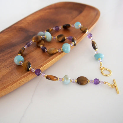 Tiger’s eye, Amazonite, Amethyst Necklace- Courage