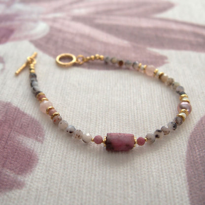 Rhodonite, Pearls, Morganite, Common Opal, Rhodochrosite Bracelet–Rosa multiflora