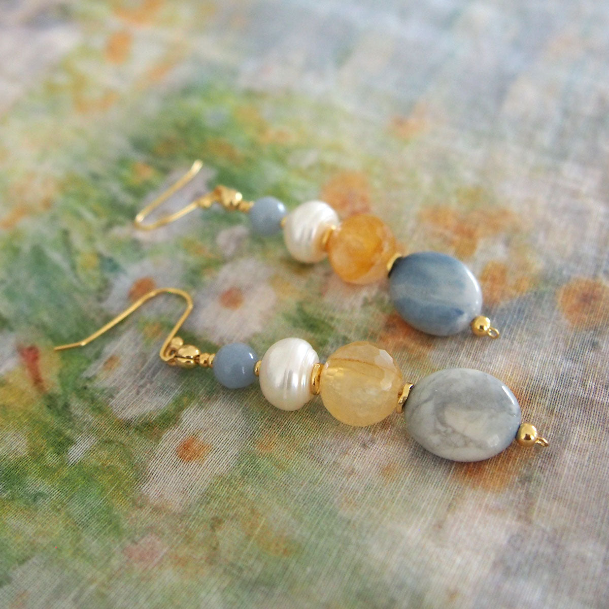 Magnesite, Pearls, Inclusion Quartz, Blue Anhydrite Earrings-Sky
