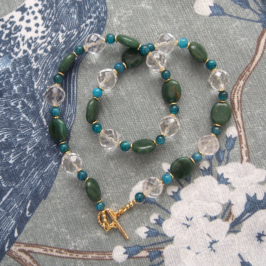 Rock crystal,  Jade(oval),  Apatite Necklace-Blue Spring