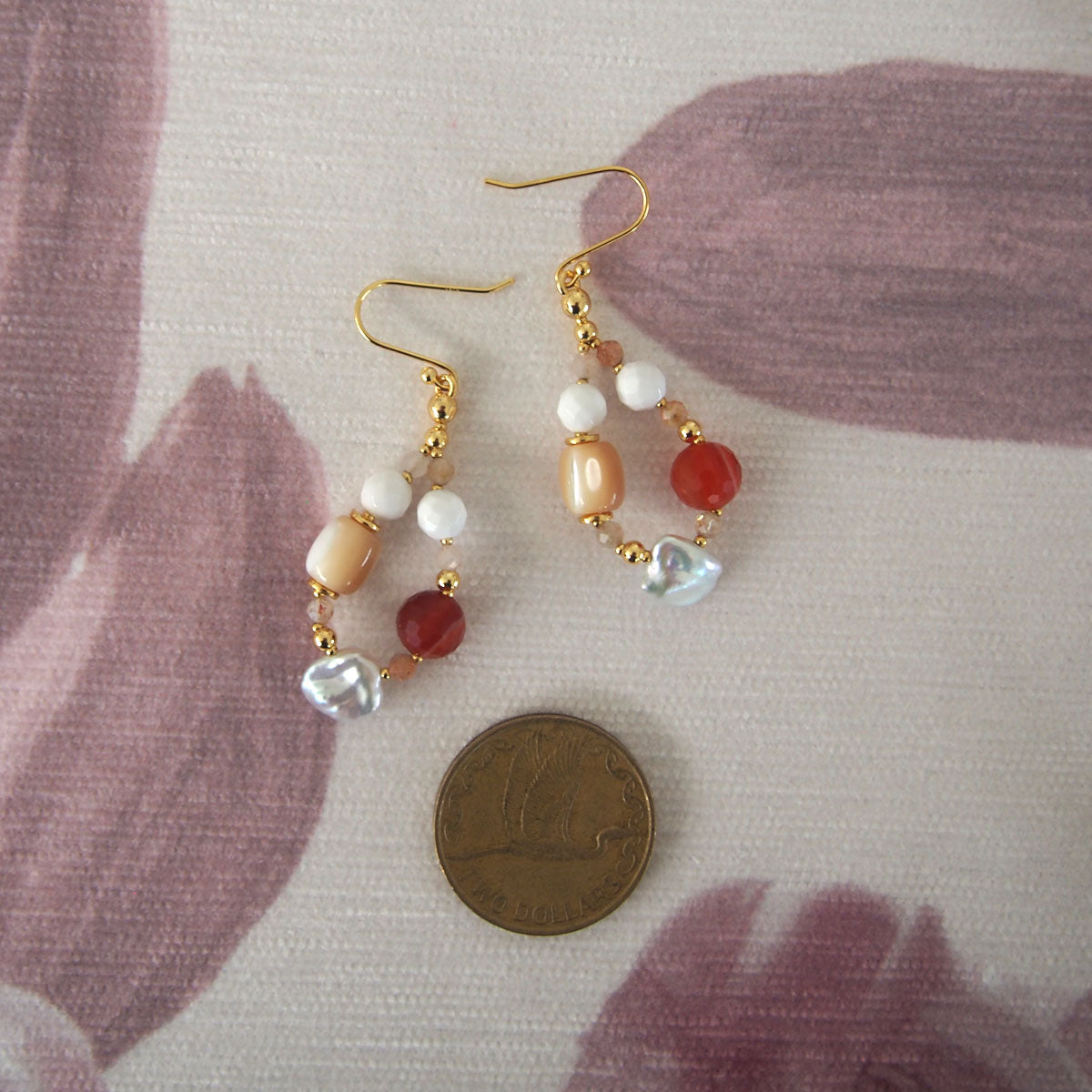 Pearls, Shell beads, Agate, Sunstone Earrings- Red sun