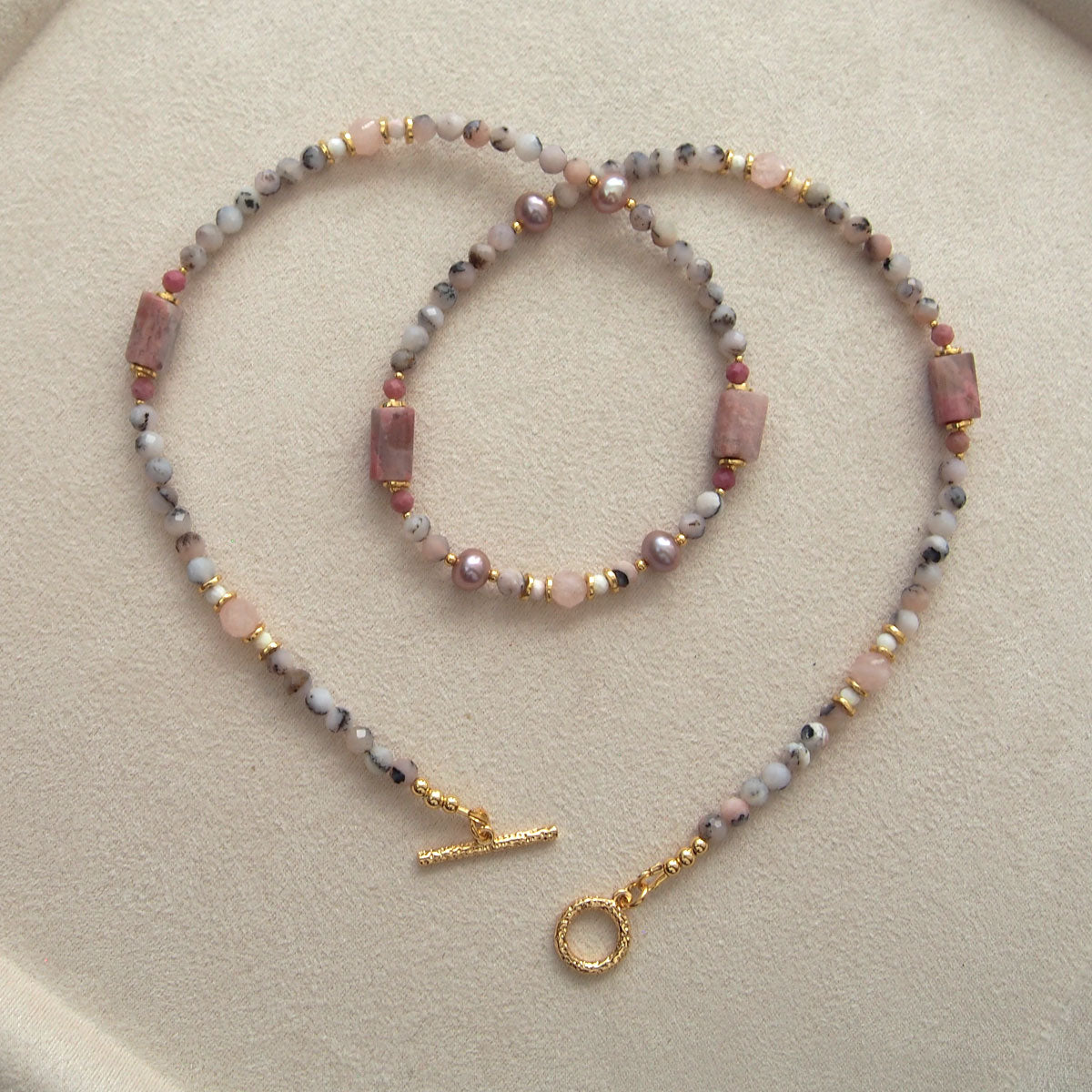 Rhodonite, Pearls, Morganite, Common Opal, Rhodochrosite Necklace–Rosa multiflora