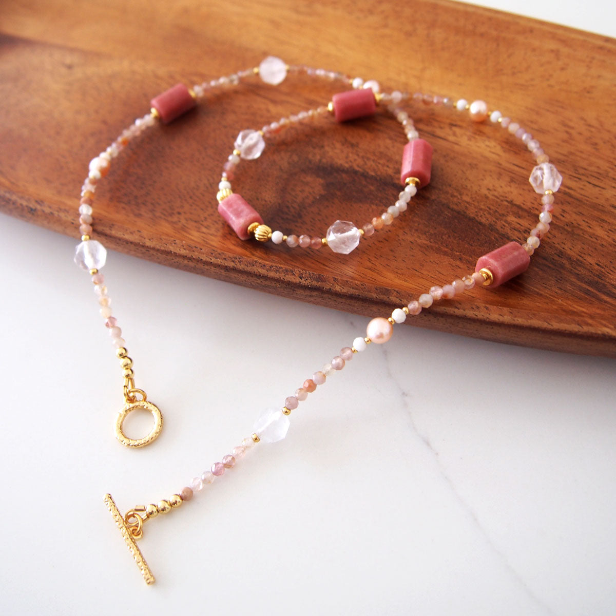 Rhodonite, Rock Crystal, Pearls, Sakura agate Necklace- Love