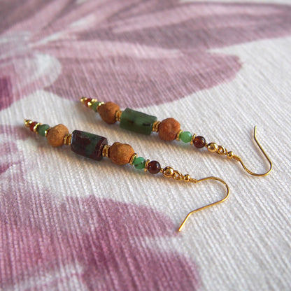 Common Opal(green), Amber(Raw crust), Chrysoprase, Garnet(orange) Earrings–Buds
